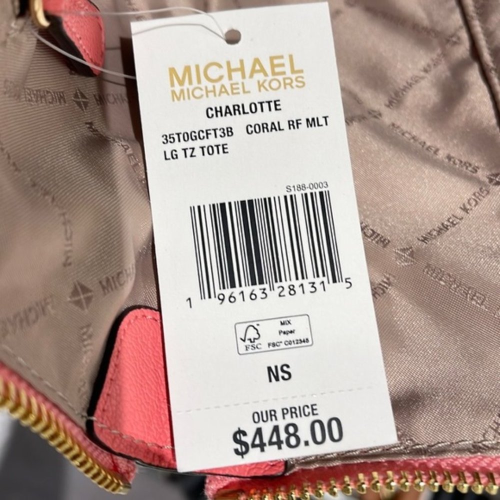 Michael Kors Charlotte Large Logo and Leather Top-Zip Tote Bag Coral Reef Multi - Picture 8 of 16